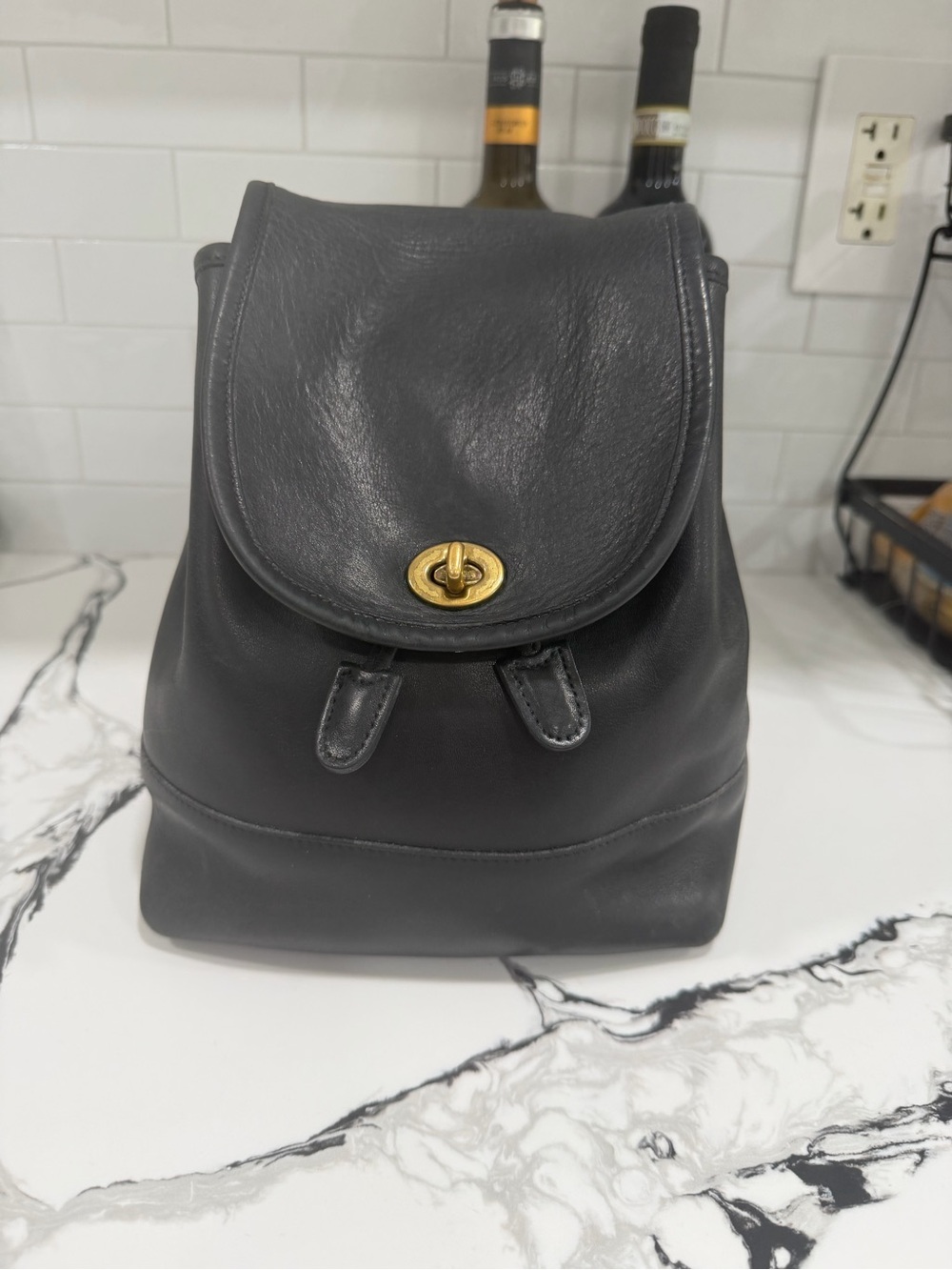 Coach Black Leather Backpack with Gold Turnlock